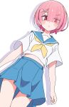  1girl blue_skirt blush blush_stickers commentary_request eyes_visible_through_hair hair_over_one_eye highres looking_at_viewer noyama_takenoko pink_hair ram_(re:zero) re:zero_kara_hajimeru_isekai_seikatsu red_eyes school_uniform serafuku simple_background skirt solo white_background 