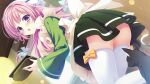  1girl 1other apron back_bow bow cat da_capo da_capo_iv day dutch_angle frills from_below game_asset green_jacket green_skirt hair_bow highres holding holding_tray indoors jacket japanese_clothes kisaragi_yuu_(kisaragiyu) long_hair looking_at_another maid mishima_miu non-web_source official_art pink_hair purple_eyes skirt tray wa_maid wide_sleeves 
