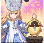  1girl 1other bangboo_(zenless_zone_zero) blonde_hair blue_jacket blush closed_mouth commentary english_commentary gloves grey_hat grey_helmet hat helmet highres jacket large_hat long_hair looking_at_viewer norma_hollowell purple_eyes shako_cap twitter_username upper_body white_gloves zenless_zone_zero zz0vivianart 