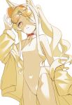  1girl absurdres animal_ears blonde_hair blue_archive commentary expressionless extra_ears flat_chest fox_ears highres jacket kosh long_hair looking_at_viewer off_shoulder one-piece_swimsuit open_clothes open_jacket parted_lips pink_eyes seia_(blue_archive) seia_(swimsuit)_(blue_archive) side_ponytail sidelocks solo sunglasses swimsuit visor_cap white_one-piece_swimsuit 