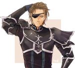  1boy arm_behind_head brown_hair closed_mouth commentary english_commentary eyepatch fire_emblem fire_emblem:_radiant_dawn haar_(fire_emblem) hair_slicked_back hand_on_own_head herdwicoco highres male_focus short_hair simple_background solo upper_body 