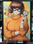  1boy 1girl 2025 art_tools_in_frame black-framed_eyewear breasts brown_hair closed_mouth commentary dog english_commentary freckles glasses great_dane highres holding holding_magnifying_glass large_breasts looking_at_viewer magnifying_glass marker_(medium) orange_sweater photo_(medium) scooby-doo scooby-doo_(series) shaggy_rogers short_hair signature smile stanley_lau sweater traditional_media turtleneck turtleneck_sweater upper_body velma_dinkley 