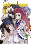  1boy 1girl absurdres blue_eyes blue_hair blush card chinese_commentary commentary_request couple crossdressing crossdressing_(ftm) crossdressing_(mtf) crossover earrings flower green_eyes green_hair hair_slicked_back hat highres james_(pokemon) jessie_(pokemon) jewelry lifting_person looking_at_viewer magic meowth pokemon pokemon_(anime) pokemon_(classic_anime) pokemon_(creature) ratafee335 red_flower red_hair red_rose rose team_rocket top_hat 