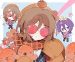  1boy 1girl :o animification artist_request beanie black_sweater_vest brown_hair cardigan chibi chibi_inset chinese_commentary commentary_request commission crown flower hat highres humanization lifesteal_smp looking_at_viewer minecraft_youtube octopus open_cardigan open_clothes open_mouth orange_cardigan orange_eyes orange_hat orange_scarf purple_hair purple_sweater red-tinted_eyewear red_flower round_eyewear scarf second-party_source shirt short_hair sleeves_past_fingers sleeves_past_wrists smile solo_focus squiddo sunglasses sweater sweater_vest textless_version tinted_eyewear upper_body variant_set wemmbu white_shirt 