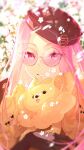 1girl animal cerberus coat commentary_request ddd-loong dog fate/grand_order fate_(series) forehead glasses gloves hat highres long_hair looking_at_viewer medusa_(celebratory_attire)_(fate) medusa_(fate) medusa_(saber)_(fate) official_alternate_costume parted_bangs pink-tinted_eyewear purple_eyes purple_hair rectangular_pupils round_eyewear smile solo sunglasses sweater tinted_eyewear 
