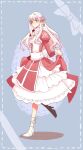  1girl blue_background breasts closed_mouth commentary curtsey dress english_commentary flower full_body hair_flower hair_intakes hair_ornament high_heels high_priest_(ragnarok_online) juliet_sleeves long_hair long_sleeves looking_at_viewer medium_breasts petticoat pink_flower puffy_sleeves ragnarok_online red_dress red_eyes sash shoes sidelocks smile solo two-tone_dress visor07 walking white_dress white_hair white_sash white_shoes 