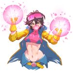  1girl absurdres artist_name black_hair blowing_bubble_gum breasts chewing_gum coat commentary earrings eyewear_on_head fingerless_gloves frantic_(frantickohi) gloves hair_between_eyes highres jewelry jubilee looking_at_viewer marvel marvel_rivals navel pink-tinted_eyewear short_hair solo superhero_costume tinted_eyewear x-men yellow_coat yellow_gloves 