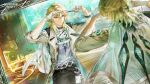  1boy absurdres aqua_shirt black_pants blonde_hair coat colored_tips commentary cutting_hair cutting_own_hair english_commentary gloves hair_between_eyes highres holding holding_scissors id_card indoors logo long_hair luuk_herssen_(wuthering_waves) male_focus mirror multicolored_hair official_art pants red_eyes reflection reflection_focus scissors shirt solo white_coat white_gloves wuthering_waves 