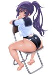  1girl ass barefoot black_one-piece_swimsuit black_sailor_collar blush breasts chair commentary_request competition_swimsuit cropped_shirt dd_(ijigendd) feet from_behind hair_between_eyes high_ponytail highres long_hair looking_at_viewer medium_breasts on_chair one-piece_swimsuit original ponytail purple_hair sailor_collar shirt short_sleeves sidelocks sitting smile solo swimsuit tan turning_head white_shirt 