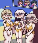  3boys 3girls ahoge akamatsu_kaede bikini blaster_master_(krusha64612042) blonde_hair blood blush braid breasts brown_hair colored_blood commentary danganronpa:_trigger_happy_havoc danganronpa_(series) danganronpa_2:_goodbye_despair danganronpa_v3:_killing_harmony english_commentary gloves gold_bikini golden_week hair_ribbon hinata_hajime kirigiri_kyoko long_hair medium_hair mole mole_on_breast multiple_boys multiple_girls naegi_makoto nanami_chiaki no_hair_ornament nosebleed outdoors pink_blood pink_eyes purple_eyes ribbon saihara_shuichi short_hair side_braid swimsuit 