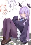  1boy 1girl absurdres blue_archive blue_necktie breasts bright_pupils brown_shoes building commentary doodle_sensei_(blue_archive) giant giantess grey_skirt halo heart highres knees_up large_breasts loafers long_hair necktie pantyhose purple_eyes purple_hair purple_pantyhose purple_sweater school_uniform sensei_(blue_archive) shirt shoes sitting sitting_on_breasts skirt sleeves_past_fingers sleeves_past_wrists straight_hair sweater utaha_(blue_archive) very_long_hair white_pupils white_shirt yukki83130530 
