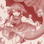  1girl :p ;p blush breasts commentary geta holding holding_umbrella juliet_sleeves karakasa_obake large_breasts leg_up long_sleeves looking_at_viewer lowres monochrome necoyngwie one_eye_closed puffy_sleeves red_eyes red_theme shirt short_hair skirt solo tatara_kogasa tongue tongue_out touhou umbrella vest water_drop 