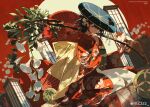  1girl absurdres black_hair branch commentary_request floral_print floral_print_kimono flower furisode hair_flower hair_ornament highres holding holding_branch japanese_clothes kimono looking_at_viewer mole mole_under_eye obi original print_kimono red_kimono sash seiza sitting solo watermark weibo_watermark wide_sleeves z3zz4 