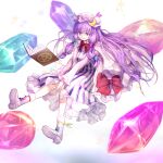  1girl blue_bow book boots bow commentary_request crescent crescent_hat_ornament crystal dress floating floating_book floating_object frilled_dress frills full_body grimoire hair_bow hat hat_ornament long_hair long_sleeves mob_cap multiple_hair_bows open_book patchouli_knowledge pink_bow pink_hat purple_eyes purple_hair solo striped_clothes striped_dress touhou vertical-striped_clothes vertical-striped_dress very_long_hair wakichimiu white_boots white_dress 