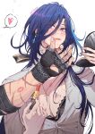  1boy 1girl applying_makeup applying_own_makeup black_bandages black_bra black_gloves blue_hair bra breasts cleavage clorinde_(genshin_impact) cosmetics earrings fingerless_gloves genshin_impact gloves hair_between_eyes hetero hickey highres holding holding_lipstick_tube implied_after_sex jewelry lipstick_mark lipstick_mark_on_arm lipstick_tube long_hair long_hair_between_eyes makeup pink_lips purple_eyes rchella scar scar_on_arm shirt speech_bubble sweat sword_necklace thought_bubble unbuttoned unbuttoned_shirt underwear white_shirt wiping_another's_face wiping_another's_mouth wiping_mouth wriothesley_(genshin_impact) 
