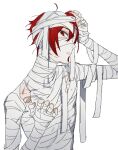 1boy arm_up bandages hagiwara_daisuke halloween_costume hand_up hori-san_to_miyamura-kun looking_at_viewer male_focus mummy_costume parted_lips red_eyes red_hair sengoku_kakeru short_hair simple_background solo upper_body white_background 