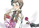  2boys assassin_cross_(ragnarok_online) blush bouquet brown_eyes brown_hair brown_shirt coat commentary_request cross cross_necklace flower high_priest_(ragnarok_online) holding holding_bouquet jewelry long_sleeves looking_at_viewer lowres male_focus multicolored_coat multiple_boys necklace open_mouth pink_flower ragnarok_online red_coat red_flower red_rose rose shirt short_hair solo_focus two-tone_coat upper_body visor07 white_background white_coat white_flower 