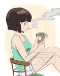  1girl aqua_tank_top breasts brown_eyes brown_hair cleavage closed_mouth commentary commission english_commentary highres holding holding_money money ranma_1/2 shorts smile smoking solo tachitach tank_top tendou_nabiki watermark white_shorts 