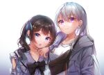  2girls arm_on_another's_shoulder bag bare_shoulders black_bag black_bow black_bowtie blue_eyes blue_ribbon blue_shirt bow bowtie breasts brown_hair buttons center_frills clothing_cutout coat collarbone collared_shirt commentary dot_nose drill_hair earrings fanny_pack flower flower_earrings frilled_shirt_collar frilled_sleeves frills gradient_background grey_coat grey_hair hair_between_eyes hair_ornament hair_ribbon hairclip happy height_difference highres higuchi_kaede higuchi_kaede_(spring_casual) hood hood_down hooded_coat jewelry jirai_kei large_breasts light_blush light_smile long_hair long_sleeves looking_at_viewer loose_hair_strand multiple_girls nijisanji open_clothes open_coat open_mouth parted_lips pocket poe_(528yuzunon) puffy_long_sleeves puffy_sleeves purple_eyes ribbon shirt shoulder_cutout side_ponytail simple_background straight_hair t-shirt talking teeth tsukino_mito tsukino_mito_(jirai_kei) untranslatable_commentary upper_body upper_teeth_only very_long_hair virtual_youtuber white_background white_flower white_shirt 