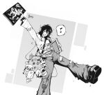 1girl absurdres among_us balgitt bangboo_(zenless_zone_zero) black_hair blush choker crewmate_(among_us) gorillaz hair_between_eyes highres holding kyomoto_(look_back) look_back looking_at_viewer messy_hair mole mole_under_mouth monochrome open_mouth overwatch overwatch_logo pomni_(the_amazing_digital_circus) ribbit_(the_amazing_digital_circus) shirt signature simple_background smile solo the_amazing_digital_circus the_garden_of_earthly_delights torn_clothes zenless_zone_zero 