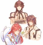  3boys antenna_hair aqua_eyes armband ascot asymmetrical_sidelocks black_necktie blue_ribbon blunt_bangs brown_corset brown_hair brown_ribbon cardia_beckford choker code:realize collar_x_malice collared_shirt commentary corset cropped_torso crossover english_commentary facial_mark gear_hair_ornament genderswap genderswap_(ftm) genre_connection gold_trim green_armband green_eyes hair_bun hair_ornament hair_ribbon hat hat_on_back highres hoshino_ichika_(collar_x_malice) jacket lapels light_blush long_hair long_sleeves looking_at_viewer male_focus multiple_boys neck_ribbon necktie notched_lapels orange_eyes parted_lips pink_vest radiant_tale red_hair ribbon shirt short_hair sidelocks simple_background single_hair_bun smile steliarstelle suspenders tifalia_(radiant_tale) vest white_background white_hat white_jacket white_shirt yellow_ascot 