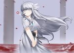  1girl absurdres black_bow blue_gem blush bow breath closed_eyes closed_mouth cold colored_eyelashes commentary day dress ender_lilies_quietus_of_the_knights falling_petals feet_out_of_frame field floating_clothes floating_hair flower flower_field gem grey_dress grey_hair grey_sky hair_ribbon highres in-universe_location jewelry kelbhin lily_(ender_lilies) long_hair necklace orb outdoors petals pillar rain red_flower ribbon short_sleeves sidelocks sky solo standing turning_head v_arms very_long_hair waist_bow white_eyelashes white_ribbon wind 