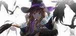  1girl aqua_eyes arms_up bird black_feathers black_hat black_robe brown_choker brown_hair buttons choker commentary_request crow falling_feathers feathers floating_hair flock frilled_sleeves frills hair_over_shoulder hand_on_headwear hat highres iro_(26136210) long_hair long_sleeves looking_at_viewer nijisanji open_clothes open_mouth open_robe purple_hat robe simple_background solo two-sided_fabric two-sided_headwear upper_body virtual_youtuber watermark white_background wide_brim witch_hat yokaze_yui 