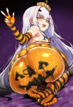  1girl absurdres anal anal_object_insertion anus ass bare_shoulders bikini blush bodypaint breasts ebora elbow_gloves fate/grand_order fate_(series) feet fingerless_gloves forked_eyebrows gloves halloween_costume hat highres kneeling long_hair looking_at_viewer melusine_(fate) micro_bikini object_insertion open_mouth orange_bikini orange_gloves orange_hat orange_skirt orange_thighhighs pumpkin_costume pussy sidelocks skirt small_breasts smile soles solo striped_clothes striped_gloves striped_thighhighs swimsuit thighhighs thighs white_hair yellow_eyes 