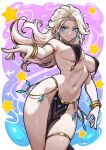  1girl alternate_costume arm_strap blonde_hair blue_background blue_eyes bracelet breast_curtains breasts commentary earrings elsa_(frozen) english_commentary frozen_(disney) gradient_background harem_outfit highres jewelry long_hair looking_at_viewer medium_breasts patreon_username pelvic_curtain pink_background redjet smile standing star_(symbol) star_symbol_background thigh_strap white_hair 