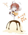 1girl ^^^ aglio black_shoes black_shorts brown_hair chibi chibi_only chocolate commentary_request falling fatal_frame fatal_frame:_maiden_of_black_water food hands_up ice_cream invisible_chair kozukata_yuuri long_hair looking_ahead midair motion_lines no_mouth orange_shirt outstretched_arms oversized_food oversized_object puff_of_air pun shirt shoes short_sleeves shorts simple_background sitting sleeveless sleeveless_shirt solo speed_lines sweat translated v-shaped_eyebrows white_background white_shirt 