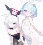  2girls absurdres alternate_costume animal_ear_hairband animal_ears arona_(blue_archive) bare_shoulders black_bow black_bowtie black_eyes black_hairband black_leotard black_pantyhose blue_archive blue_hair blue_halo bow bowtie braid colored_inner_hair commentary covered_navel detached_collar english_commentary fake_animal_ears fake_tail groin hair_over_one_eye hairband halo hand_on_own_hip hand_on_own_thigh highleg highleg_leotard highres leaning_forward leotard light_blush long_hair looking_at_viewer multicolored_hair multiple_girls nyarnya pantyhose pink_hair plana_(blue_archive) playboy_bunny rabbit_ear_hairband rabbit_ears rabbit_tail red_halo red_pupils simple_background single_braid strapless strapless_leotard tail thighband_pantyhose traditional_bowtie white_background white_bow white_hair white_hairband white_leotard white_pantyhose white_wrist_cuffs wrist_cuffs 