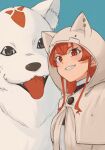  1girl absurdres animal_ear_hood blue_background cloak commentary dog eris_greyrat grey_cloak grin highres hood hood_up hooded_cloak kurogoma183 long_hair looking_at_viewer mushoku_tensei red_eyes red_hair simple_background smile solo upper_body 