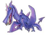 aerodactyl back_spikes claws commentary crawling curled_tail demon_tail dinosaur fangs fewer_digits full_body horns multicolored_tongue no_humans no_lips nostrils open_mouth orange_eyes pink_tongue pokemon pokemon_(creature) pokemon_focus pterosaur purple_scales railroadlion sharp_teeth sharp_toenails smile tail teeth toenails tongue winged_arms wings 