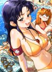  2boys 4girls absurdres akagi_ritsuko armband artist_name asphyxiation ayanami_rei bare_shoulders beard beer_can between_breasts bikini blue_eyes blue_hair blush breast_envy breasts can cleavage closed_mouth commentary drink_can drowning earrings english_commentary facial_hair glasses headgear highres holding holding_can ice ikari_gendou ikari_shinji implied_fellatio interface_headset_(evangelion) jewelry jitome katsuragi_misato large_breasts looking_at_viewer multiple_boys multiple_girls navel neon_genesis_evangelion open_mouth orange_hair patreon_username pool puff_of_air purple_hair red_bikini red_nails scar small_breasts smile snegovski souryuu_asuka_langley stud_earrings swimsuit teeth two-tone_armband underboob water when_you_see_it yebisu yellow_bikini 