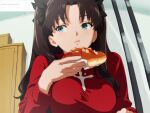 1girl :t ahonoko black_hair blue_eyes bread breasts eating fate/stay_night fate_(series) food hair_ribbon highres holding holding_food long_hair long_sleeves medium_breasts red_sweater ribbon solo sweater thighhighs tohsaka_rin two_side_up 
