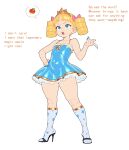  1girl absurdres apple bingbingzi black_shoes blonde_hair blue_dress blue_eyes blue_nails commentary_request dress drill_hair english_text flat_chest food fruit full_body gold_tiara high_heels highres long_hair open_mouth original paid_reward_available princess princess_(bingbingzi) shoes socks solo speech_bubble standing talking twin_drills white_socks 