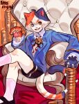  1boy absurdres animal_ears animal_feet animal_hands bell black_shoes blue_eyes blue_jacket brown_eyes calico_(pattern) calico_cat cat_boy cat_ears cat_paws cat_tail coin coin_stack collared_shirt colored_sclera crossed_legs furry furry_male heterochromia highres jacket looking_to_the_side male_focus molokomyau multicolored_hair multicolored_tail neck_bell neck_ribbon on_throne open_mouth orange_hair orange_tail original pink_socks red_ribbon ribbon shirt shoes short_hair sitting smile socks solo tail teeth throne tongue yellow_sclera 