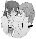  2girls :| against_wall alpha_(user_jxtj2385) arched_back artist_logo black_bra blush bra breast_sucking breasts closed_eyes closed_mouth clothes_lift commentary_request crossed_bangs ear_blush earrings facing_another greyscale groin groping hair_between_eyes hand_up heart highres irregular_border jewelry leaning_back leaning_on_person logo long_hair looking_at_another medium_breasts monochrome multiple_girls nipples nude original saliva_on_breasts shirt shirt_lift simple_background sleeveless sleeveless_shirt small_sweatdrop sweat underwear upper_body watermark white_background yuri 