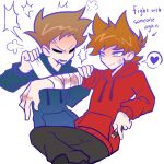  2boys animification annoyed antenna_hair bandaged_arm bandages black_pants black_shoes blood blue_hoodie brown_hair bruise ccai25 commentary drawstring eddsworld english_text fewer_digits flipped_hair grey_eyes hair_behind_ear hair_ears heart hollow_eyes hood hood_down hoodie injury long_sleeves male_focus multiple_boys open_mouth pants red_hoodie shoes short_hair simple_background sitting smile spiked_hair spoken_heart tom_(eddsworld) tord_(eddsworld) white_background yaoi 