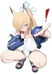  ! 1girl absurdres ammak animal_ear_fluff animal_ears armband blonde_hair blowing_whistle blue_archive blue_eyes blue_halo breasts commentary_request competition_swimsuit dog_ears dog_girl extra_ears full_body hair_over_one_eye halo high_ponytail highleg highleg_one-piece_swimsuit highres holding holding_whistle jacket kanna_(blue_archive) kanna_(swimsuit)_(blue_archive) korean_commentary large_breasts long_hair notched_ear official_alternate_costume one-piece_swimsuit open_clothes open_jacket pointing pointing_at_viewer ponytail purple_armband sandals sidelocks simple_background solo sports_sandals squatting swimsuit toes whistle whistle_around_neck white_background white_one-piece_swimsuit 