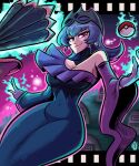  1girl absurdres bellelba_(pokemon) black_dress black_hair blue_aura breasts cleavage closed_mouth commentary crown dress earrings flipped_hair floating floating_hair floating_object gloves hand_fan highres jewelry large_breasts long_hair looking_at_viewer poke_ball poke_ball_(basic) pokemon pokemon_black_2_and_white_2 pokestar_studios purple_hair red_eyes sabrina_(pokemon) scruffyturtles single_bare_shoulder smile solo telekinesis tiara tight_clothes tight_dress 