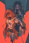  2girls absurdres arknights bags_under_eyes black_coat black_gloves black_shorts blood blood_on_clothes blue_eyes blue_pants breasts chinese_commentary coat commentary_request crownslayer_(arknights) denim dopperu_ben elbow_gloves feather_hair fingerless_gloves glasses gloves green_coat hair_ornament hairclip highres holding holding_needle hyena_ears hyena_girl hyena_tail jeans long_hair mask medium_breasts mouth_mask multicolored_hair multiple_girls needle open_clothes open_coat pants pants_under_shorts red_eyes red_hair semi-rimless_eyewear shirt short_hair shorts snegurochka_(arknights) standing streaked_hair sweatdrop tail torn_clothes torn_pants under-rim_eyewear white_shirt white_streaks 