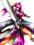  1girl absurdres arm_armor arm_guards artist_name ataruto_iteezo blue_eyes breasts cape commentary_request cropped_jacket floating_cape floating_hair foot_out_of_frame full_body hair_between_eyes high_ponytail highres holding holding_sword holding_weapon jacket laevatein_(nanoha) long_hair looking_at_viewer lyrical_nanoha mahou_shoujo_lyrical_nanoha_strikers medium_breasts open_clothes open_jacket open_mouth painterly pelvic_curtain pink_hair ponytail ribbon shoulder_guard signature signum simple_background solo swept_bangs sword thigh_armor tsurime v-shaped_eyebrows waist_cape weapon white_background white_cape white_jacket yellow_ribbon 