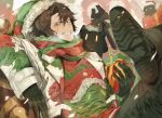  1boy 3others belt black_gloves black_pants black_shoes blush bow brown_hair christmas closed_eyes commentary_request creature crossed_legs curtained_hair e.g.o_(project_moon) eyebrow_cut gift gloves gnome_(project_moon) green_bow green_eyes green_hat green_jacket green_sweater grin hat heathcliff_(project_moon) highres holding holding_gift holiday_(e.g.o) jacket limbus_company looking_at_viewer male_focus monster multicolored_jacket multicolored_sweater multiple_others official_alternate_costume open_mouth pants patchwork_clothes pom_pom_(clothes) project_moon reclining red_bow red_jacket ribbon sandolph_(project_moon) santa_hat scar scar_on_face scarf shoe_soles shoes short_hair side_part sidelocks sideways_glance sitting smile snowing striped_clothes striped_sweater sweater teeth teihen_do_9981 two-tone_bow two-tone_scarf ugly_sweater white_belt white_jacket white_sweater wide-eyed wrench yellow_ribbon 