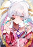  1girl applying_makeup bare_shoulders blush cho_kaguya-hime! commentary_request green_eyes grey_hair hair_ornament hair_rings hair_stick highres japanese_clothes lipstick long_hair makeup multicolored_hair open_mouth pink_hair runami_yachiyo smile solo togashi_(choco-bakama_kitchen) twintails two-tone_hair white_hair 