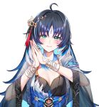  1girl ahoge black_dress blue_hair breasts chinese_clothes commentary dress facial_mark forehead_mark foxyreine green_eyes hair_ornament highres long_hair long_sleeves looking_at_viewer meme mole mole_under_eye multicolored_hair palms_together paypal_me_x_(meme) see-through_clothes see-through_sleeves simple_background small_breasts smile solo tacet_mark_(wuthering_waves) tassel tassel_hair_ornament upper_body white_background white_hair wide_sleeves wuthering_waves yangyang_(wuthering_waves) yangyang_(xuanling)_(wuthering_waves) 