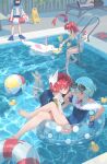  2boys 2girls 5708883835 abby_(aotu_world) absurdres aotu_world aqua_hair ball barefoot beachball black_one-piece_swimsuit black_swim_trunks book braid can cerberus_(aotu_world) chinese_commentary closed_mouth commentary_request day dog drink_can emy_(aotu_world) expressionless eyewear_on_head flippers goggles goggles_around_neck hair_ornament highres holding holding_book holding_can horns inflatable_armbands innertube long_hair multiple_boys multiple_girls one-piece_swimsuit open_mouth pepsi pink_eyes pius_(aotu_world) pool pool_ladder rabbit_hair_ornament red_eyes red_hair sandals scar scar_on_cheek scar_on_face short_hair sign sitting smile soda_can sunglasses swim_ring swimsuit topknot tulip_(aotu_world) unworn_sandals white_horns 