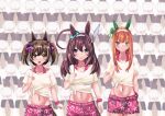  3girls absurdres ahoge animal_ears blue_eyes blunt_bangs blush bow breasts brown_eyes brown_hair closed_mouth collarbone commentary_request ear_covers floral_print_shorts gaze_on_me!_outfit_(umamusume) green_eyes grey_hairband hair_between_eyes hair_bow hair_ornament hairband highres hime_cut horse_ears horse_girl horse_tail large_breasts long_hair looking_at_viewer male_swimwear medium_breasts medium_hair midriff mihono_bourbon_(umamusume) multiple_girls multiple_hair_bows navel nigekiri_sisters_(umamusume) open_mouth orange_hair orange_tail pink_bow pink_shorts pink_sports_bra print_shorts purple_bow scrunchie shinonome_halltro shirt shorts silence_suzuka_(umamusume) silver_hairband small_breasts smart_falcon_(umamusume) smile sports_bra swim_trunks tail tied_shirt twintails umamusume white_hairband white_shirt wrist_scrunchie wristband yellow_bow 