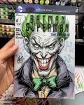  art_tools_in_frame artist's_hand_in_frame batman_(series) black_jacket bow bowtie clown commentary cover_sketch dc_comics english_commentary evil_smile green_bow green_bowtie green_eyes green_hair highres jacket joker_(dc) looking_at_viewer male_focus marker_(medium) photo_(medium) shirt signature smile stanley_lau straight-on traditional_media white_facepaint yellow_shirt 