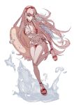  1girl absurdres anime_coloring anklet bare_arms bare_legs bare_shoulders bikini bikini_ribbon bow bow_choker bowtie brown_eyes character_name chinese_commentary choker clothes_writing commentary_request downturned_eyes dynamic_maiden_(miracle_nikki) frilled_bikini frills full_body hair_bow hand_on_own_head heart heart_choker high_heel_sandals high_heels highres holding holding_swim_ring innertube jewelry leg_up long_hair miracle_nikki momo_(nikki) multicolored_bikini navel nikki_(nikki) nikki_(series) no_jacket one_eye_closed peigen_bacon pink_hair polka_dot polka_dot_bikini print_bow red_bikini red_bow red_choker red_ribbon red_sandals ribbon ripples sandals simple_background smile solo splashing standing standing_on_liquid stomach swim_ring swimsuit toes two-tone_bikini very_long_hair water_drop white_background white_bikini white_bow white_bowtie 